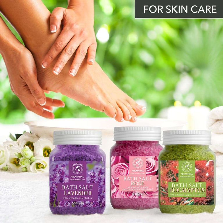 Bath Salts Set 3x400g - Lavender - Rose - Eucalyptus - 100% Natural Essential Oil - Best for Good Sleep - Stress Relief - Bathing - Body Care - Wellness - Beauty - Relaxation - Spa