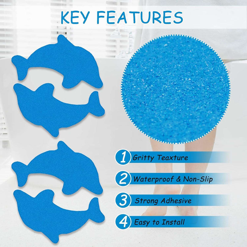 S&X Bathtub Non Slip Stickers,Grippy Dolphin Adhesive Treads – Fine Gritty Textured Surface – Pack of 12 Shower Floor Non Slip Stickers – Comfortable Grip On Slipper Surfaces