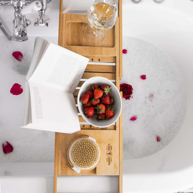 Extendable Bamboo Bath Caddy & Tray | Adjustable Luxury Home Spa Wood Bath Tub Rest | Wine Glass, Tablet / Book, Smartphone Holder Bridge | Non-Slip Feet | M&W
