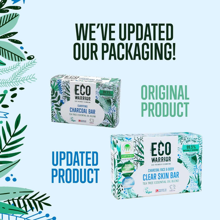 Eco Warrior Charcoal Clear Skin Soap Bar - Vegan, Cruelty Free, No SLS or Parabens, Whole Body Soap, Moisturising Charcoal, Grapeseed and Anti Bacterial Tea Tree Essential Oil, Eco Friendly Soap 100g