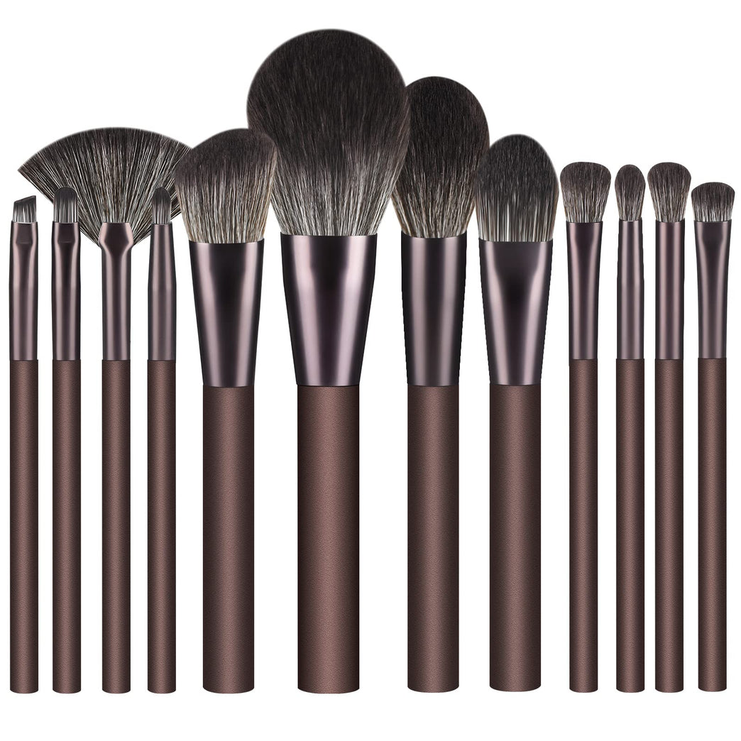 Flawless Face Essentials: 12-Piece Coffee Makeup Brush Set with Stylish Pink Handles