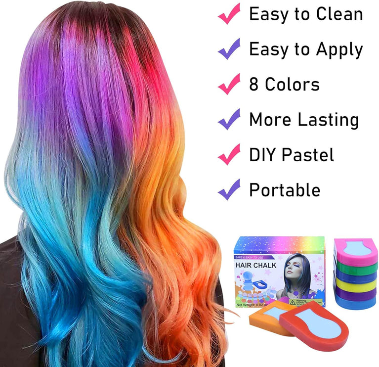 Temporary Hair Chalk Set - 8 Color Pack for Women - Washable Dye Kit for Halloween, Christmas, Makeup and Parties