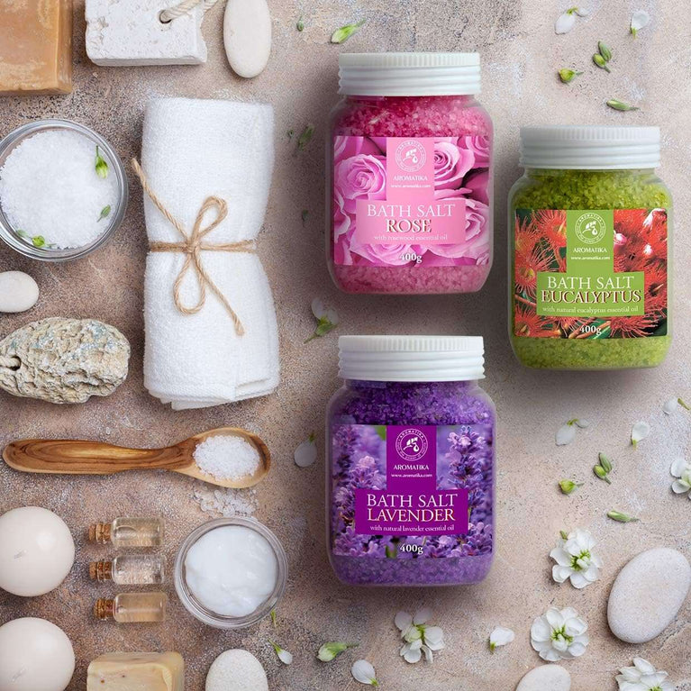 Bath Salts Set 3x400g - Lavender - Rose - Eucalyptus - 100% Natural Essential Oil - Best for Good Sleep - Stress Relief - Bathing - Body Care - Wellness - Beauty - Relaxation - Spa
