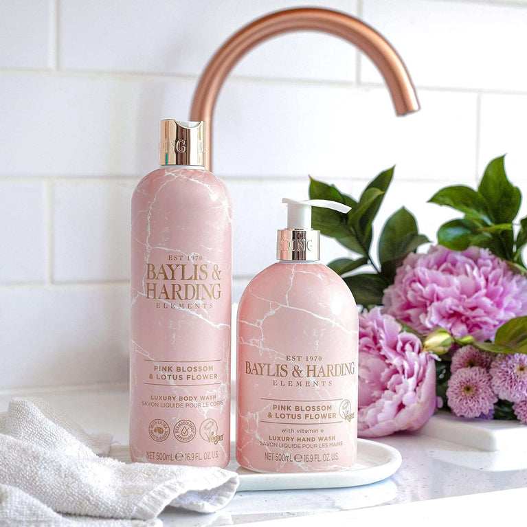 Baylis & Harding Elements Pink Blossom & Lotus Flower Luxury Body Wash, 500 ml (Pack of 4) - Vegan Friendly