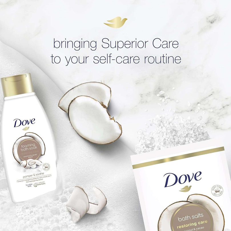 Dove Coconut and Cacao Restoring Care Bath Salts with skin-natural moisturisers relaxing your mind & body, leaving your skin smooth & soft 900 g