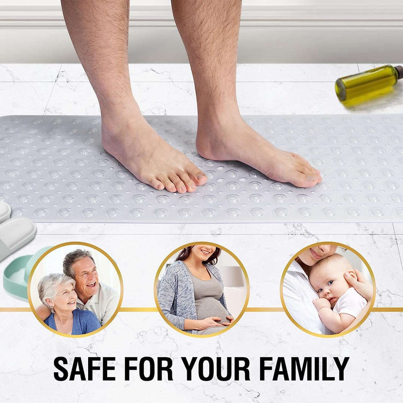 HITSLAM Non Slip Bath Mat for Tub, 100 x 40cm Extra Long Shower Mat Anti Mould, Machine Washable Bathroom Bathtub Mat with Suction Cups and Drain Holes, Soft on Feet, Clear