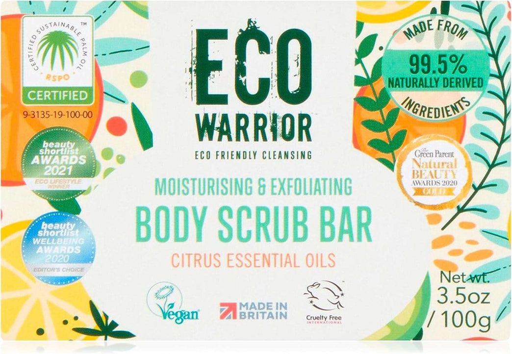 Eco Warrior Body Scrub Soap Bar - Vegan, Cruelty Free, No SLS or Parabens, Whole Body & Hand Soap, Moisturising and Exfoliating Citrus Essential Oils and Oatmeal, Natural Eco Friendly Bar Soap - 100g