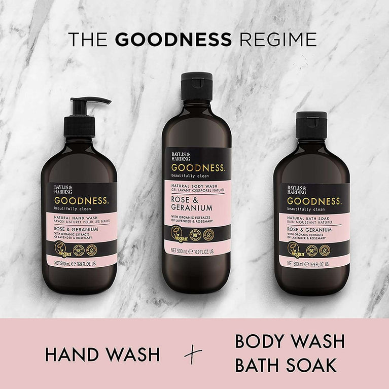 Baylis & Harding Goodness Rose & Geranium Natural Bath Soak, 500 ml (Pack of 3) - Vegan Friendly