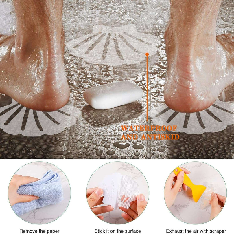 Pinenuts Non Slip Bathtub Stickers, 20 Pcs Transparent Safety Shell Shape Safety Treads Adhesive Sticker with Premium Scraper, Non-Abrasive Textured Bath Stickers for Bathroom Shower Floor Stairs