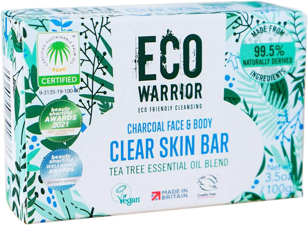 Eco Warrior Charcoal Clear Skin Soap Bar - Vegan, Cruelty Free, No SLS or Parabens, Whole Body Soap, Moisturising Charcoal, Grapeseed and Anti Bacterial Tea Tree Essential Oil, Eco Friendly Soap 100g