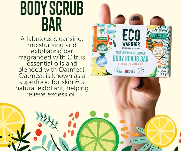 Eco Warrior Body Scrub Soap Bar - Vegan, Cruelty Free, No SLS or Parabens, Whole Body & Hand Soap, Moisturising and Exfoliating Citrus Essential Oils and Oatmeal, Natural Eco Friendly Bar Soap - 100g