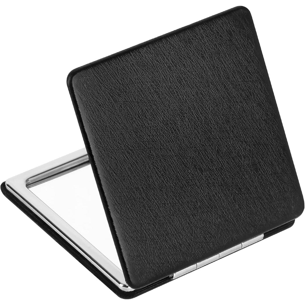Womens Compact Foldable Magnifying Makeup Mirror - Black PU Leather Pocket Vanity Mirror