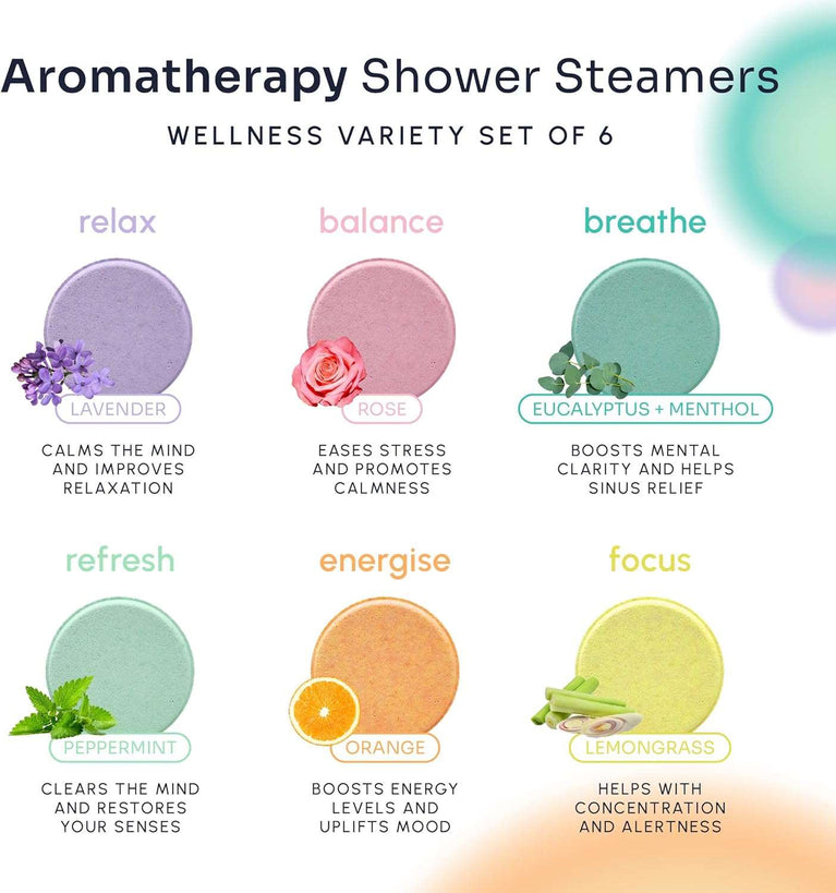 6 Pack Aromatherapy Shower Steamers - Strong Scented, Natural, Soothing Shower Bombs Steamer with Essential Oils - Lavender, Rose, Peppermint, Eucalyptus Shower Steamer Gift Set (6x40g)