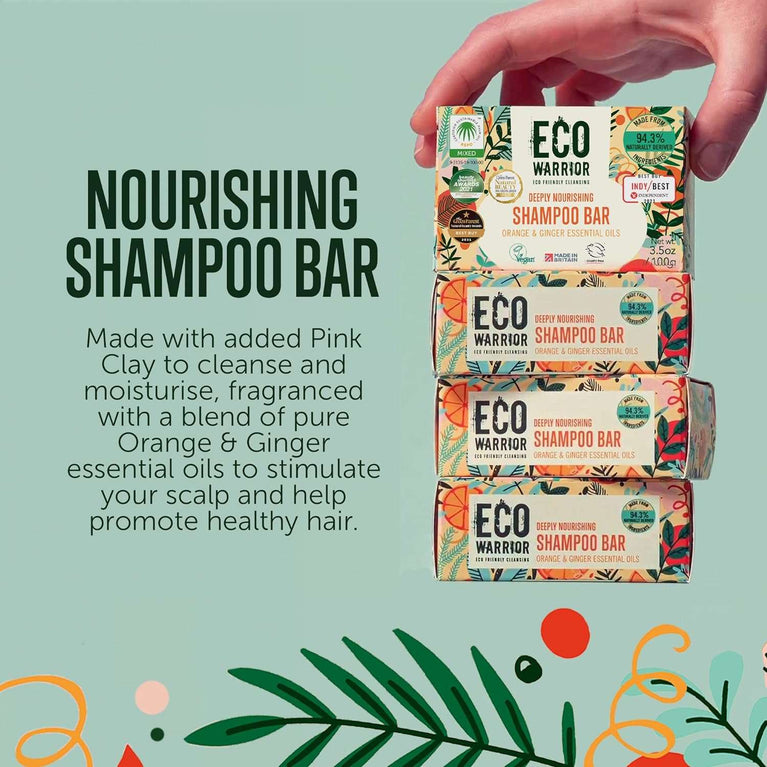 Eco Warrior Deeply Nourishing Shampoo Bar - Vegan, Cruelty Free, No SLS or Parabens, Pink Clay With Pure Orange & Ginger Essential Oils to Promote Healthy Hair - Natural Eco Friendly Shampoo - 100g