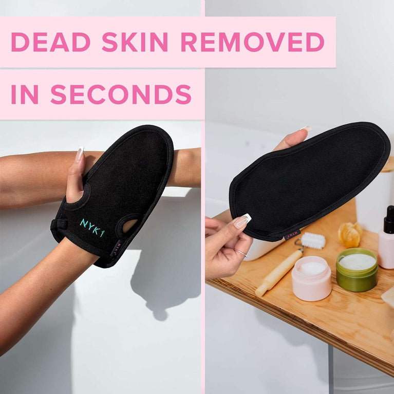 DEAD SKIN Exfoliating Mitt Deep Pore Cleansing Exfoliating Glove (Black, Large) At Home Microdermabrasion Dead Skin Remover For Body - Natural Plant Fibre Shower Gloves For Women And Men