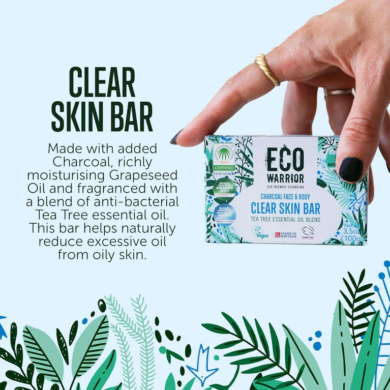 Eco Warrior Charcoal Clear Skin Soap Bar - Vegan, Cruelty Free, No SLS or Parabens, Whole Body Soap, Moisturising Charcoal, Grapeseed and Anti Bacterial Tea Tree Essential Oil, Eco Friendly Soap 100g