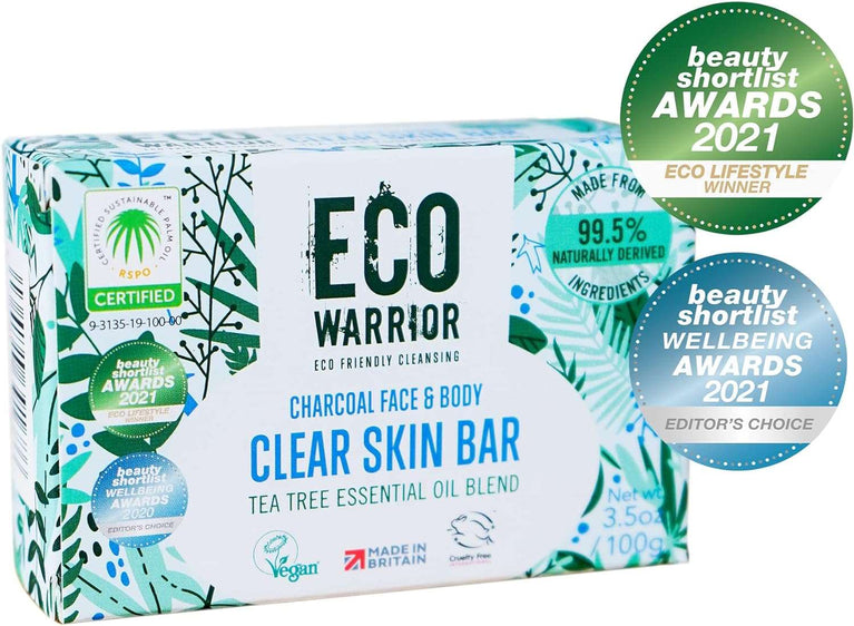 Eco Warrior Charcoal Clear Skin Soap Bar - Vegan, Cruelty Free, No SLS or Parabens, Whole Body Soap, Moisturising Charcoal, Grapeseed and Anti Bacterial Tea Tree Essential Oil, Eco Friendly Soap 100g