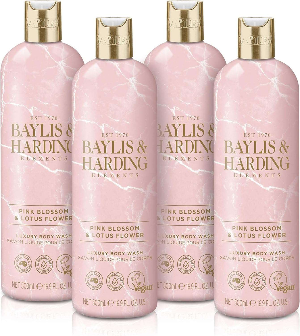 Baylis & Harding Elements Pink Blossom & Lotus Flower Luxury Body Wash, 500 ml (Pack of 4) - Vegan Friendly