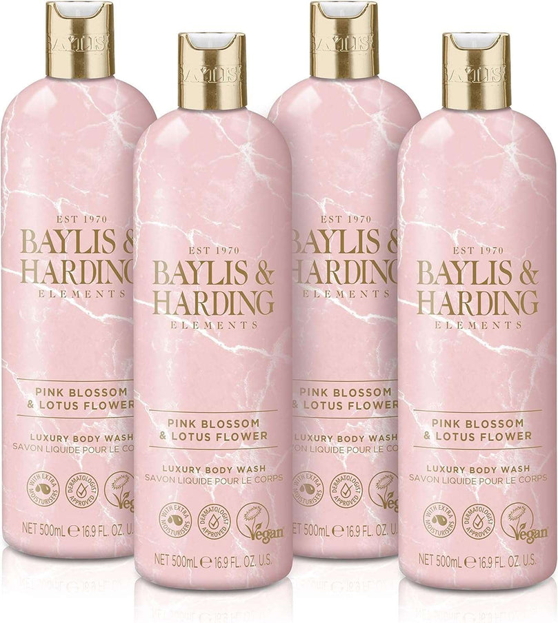 Baylis & Harding Elements Pink Blossom & Lotus Flower Luxury Body Wash, 500 ml (Pack of 4) - Vegan Friendly