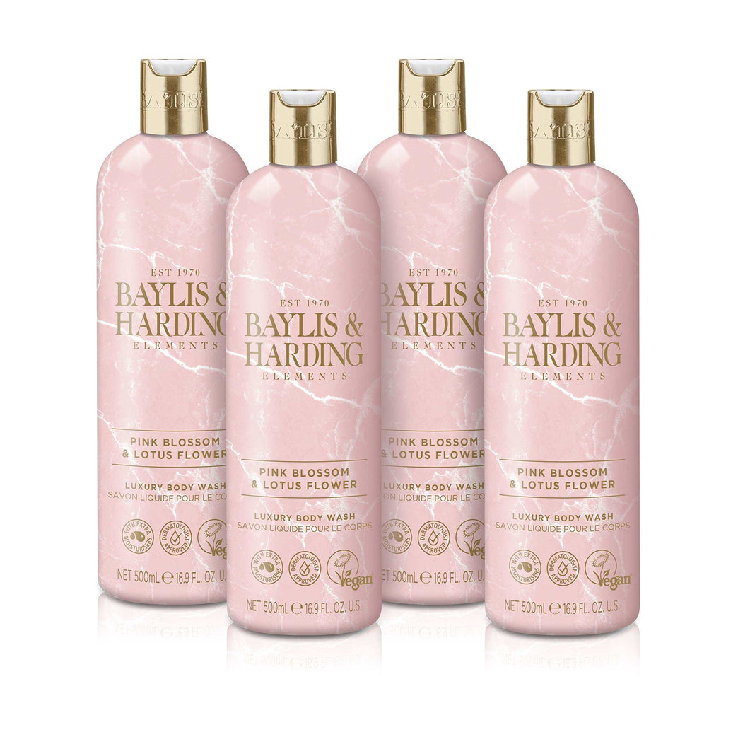 Baylis & Harding Elements Pink Blossom & Lotus Flower Luxury Body Wash, 500 ml (Pack of 4) - Vegan Friendly