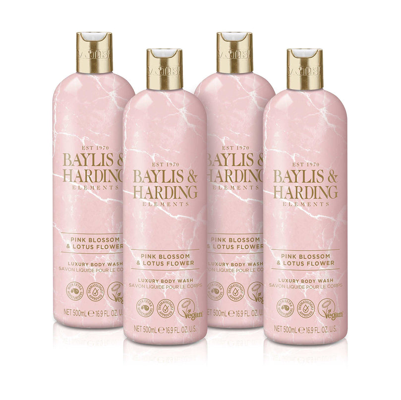 Baylis & Harding Elements Pink Blossom & Lotus Flower Luxury Body Wash, 500 ml (Pack of 4) - Vegan Friendly