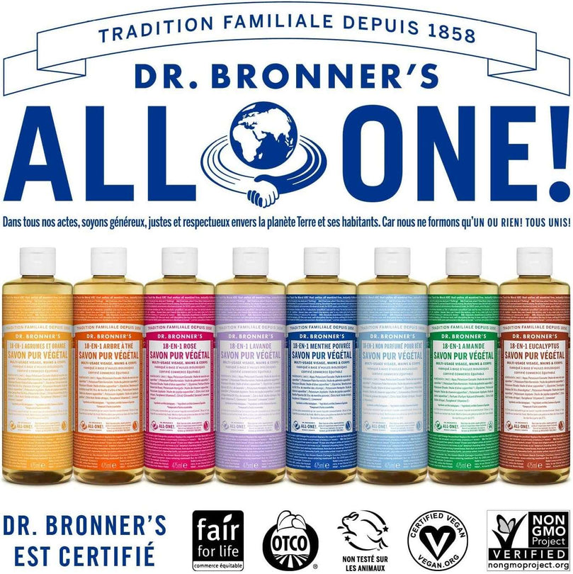 Dr Bronner's 18-in-1 Baby Unscented Pure Castile Liquid Soap, Made with Organic Oils, Used for Face, Hair, Babies, Laundry and Dishes, Certified Fair Trade & Vegan Friendly, 473ml Recyled Bottle