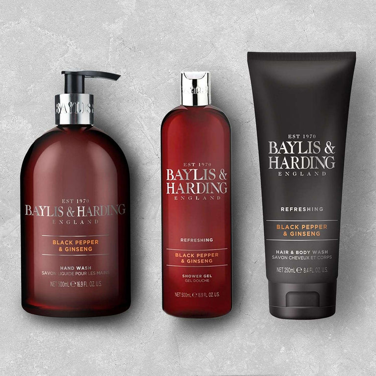 Baylis & Harding Black Pepper & Ginseng Moisturising Shower Gel for Men, 500 ml (Pack of 3) - Vegan Friendly