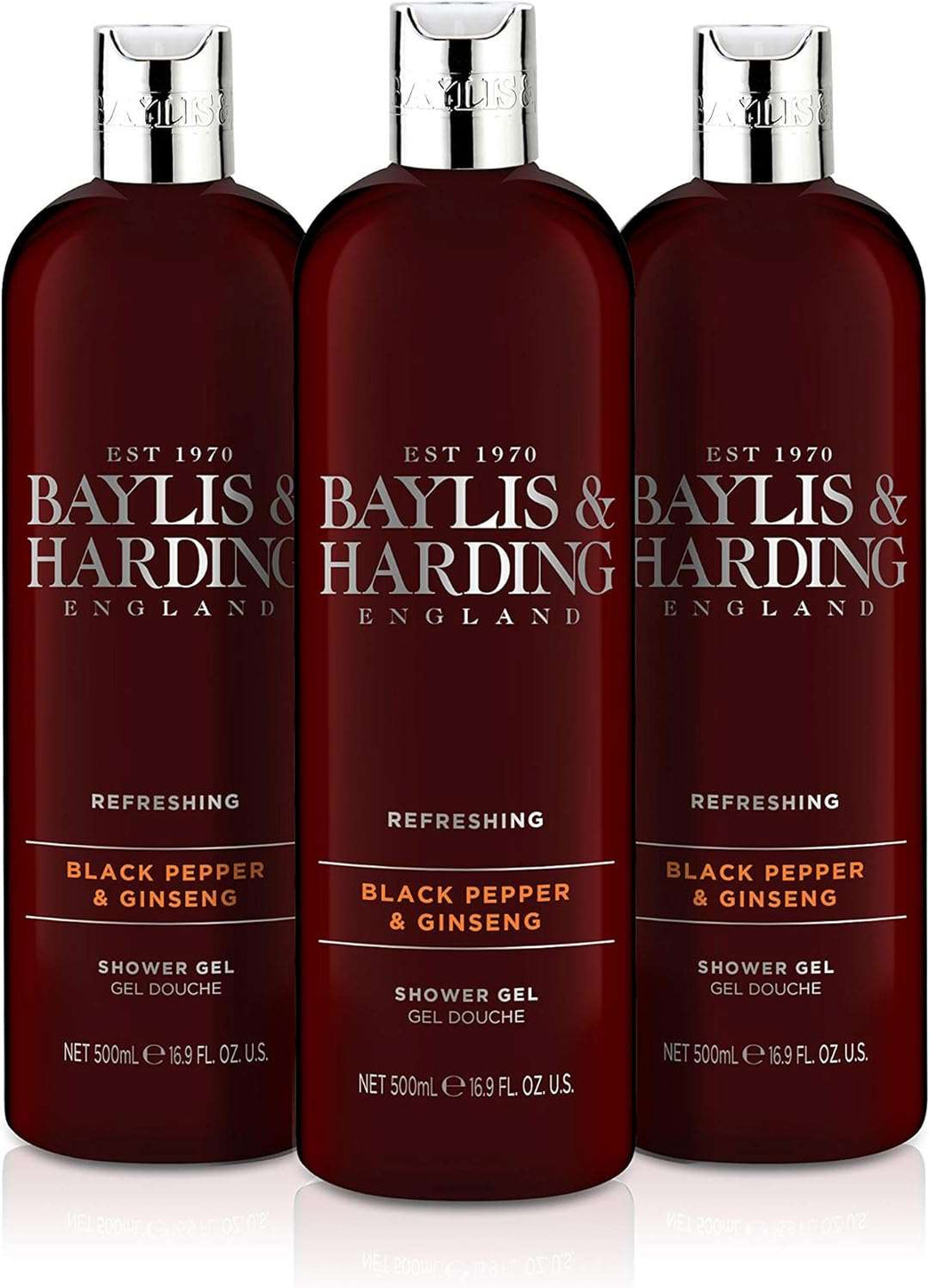 Baylis & Harding Black Pepper & Ginseng Moisturising Shower Gel for Men, 500 ml (Pack of 3) - Vegan Friendly
