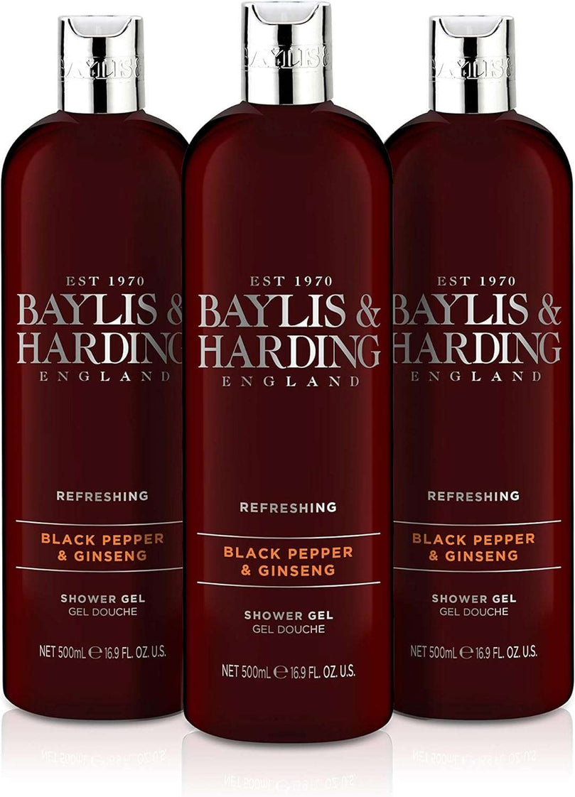Baylis & Harding Black Pepper & Ginseng Moisturising Shower Gel for Men, 500 ml (Pack of 3) - Vegan Friendly