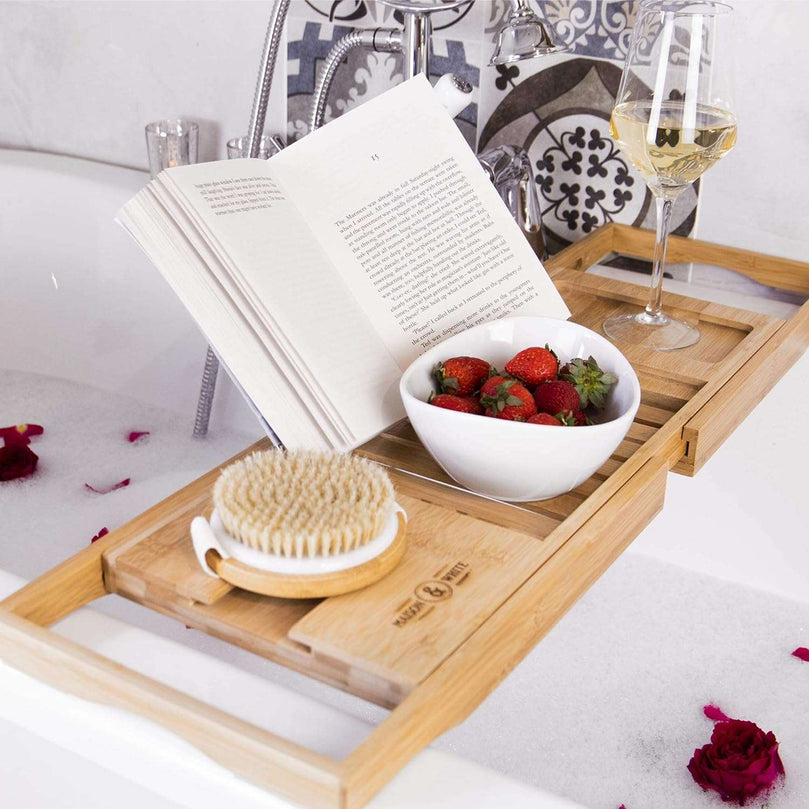 Extendable Bamboo Bath Caddy & Tray | Adjustable Luxury Home Spa Wood Bath Tub Rest | Wine Glass, Tablet / Book, Smartphone Holder Bridge | Non-Slip Feet | M&W