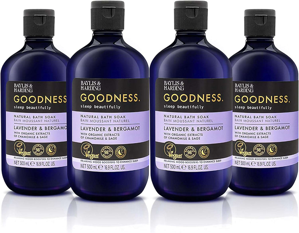 Baylis & Harding Goodness Sleep Lavender & Bergamot Sleep Bath Soak, 500 ml (Pack of 4) - Vegan Friendly