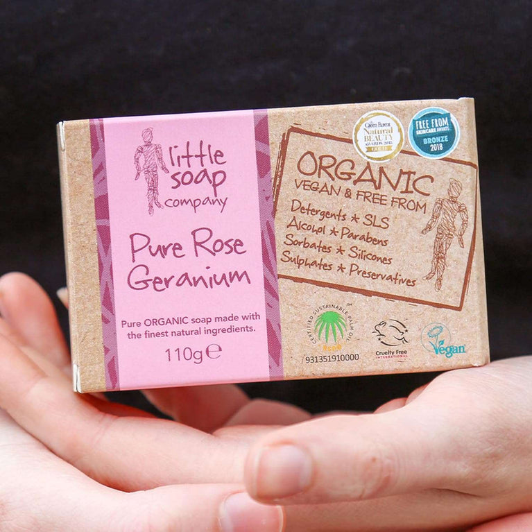 Little Soap Company Organic Soap Bar – Vegan, Cruelty Free, No SLS or Parabens, With Rose Geranium, Natural & Organic Body & Hand Soap (110g)