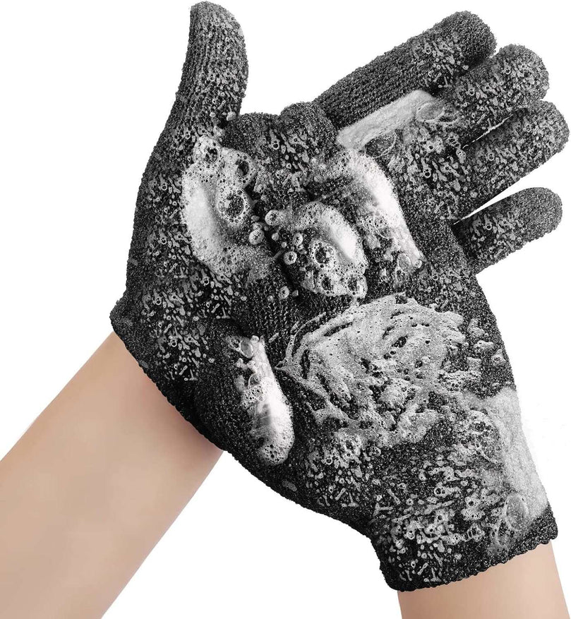 Sibba Bath Gloves for Shower Natural Loofah Exfoliating Wash Gloves for Body and Face, Dead Skin Remover, Double Sided Microfibre Shower Body Gloves for Adults and Kids (Black)