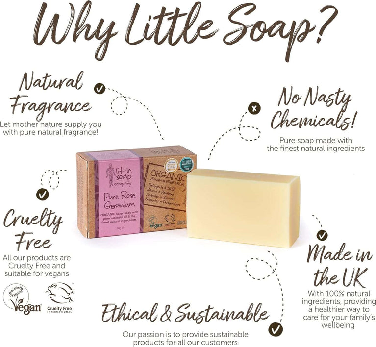 Little Soap Company Organic Soap Bar – Vegan, Cruelty Free, No SLS or Parabens, With Rose Geranium, Natural & Organic Body & Hand Soap (110g)