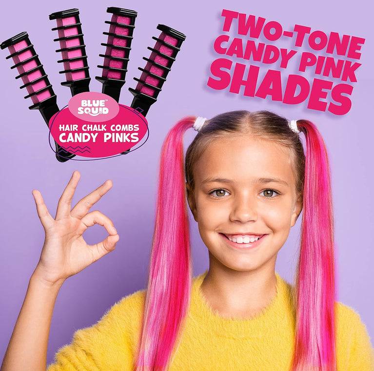 Pink Squid Hair Chalk Combs for Kids - Vibrant 4pcs Two-Tone Temporary Hair Dye Set