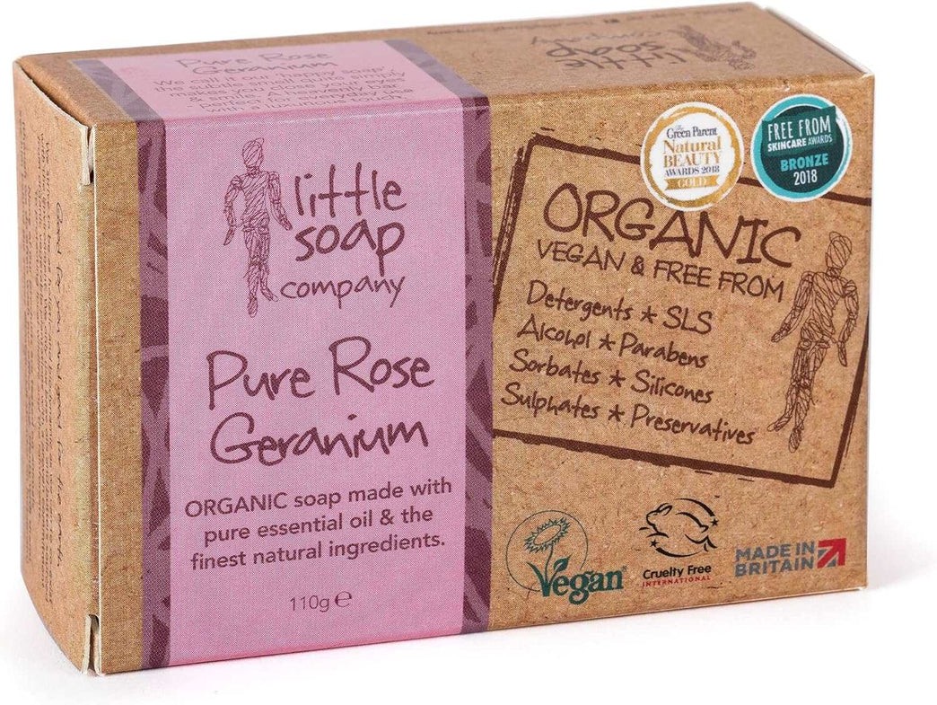 Little Soap Company Organic Soap Bar – Vegan, Cruelty Free, No SLS or Parabens, With Rose Geranium, Natural & Organic Body & Hand Soap (110g)