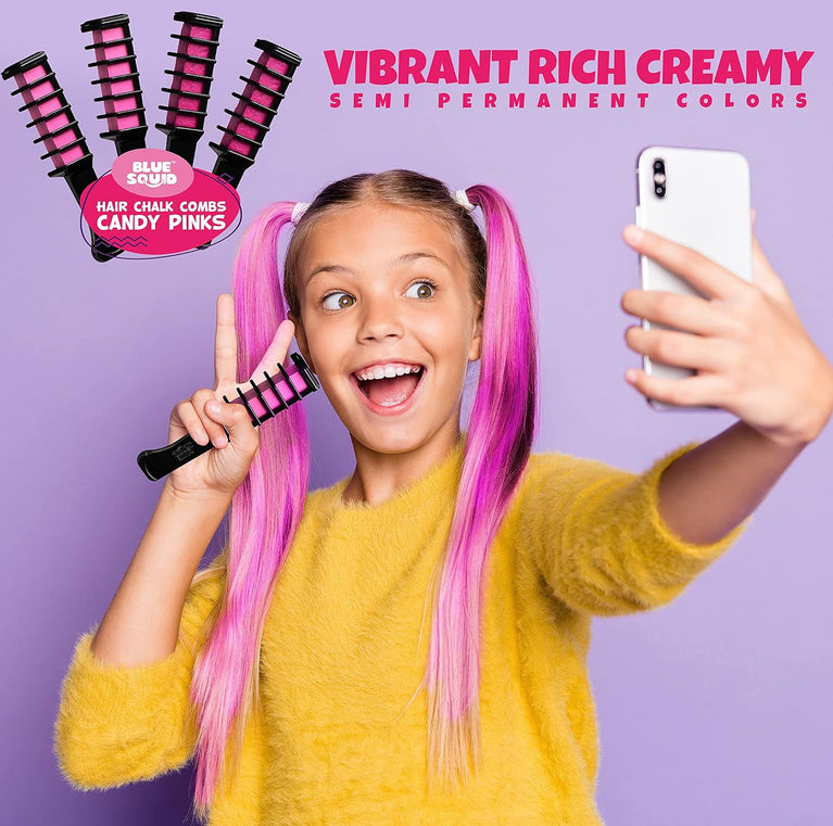 Pink Squid Hair Chalk Combs for Kids - Vibrant 4pcs Two-Tone Temporary Hair Dye Set