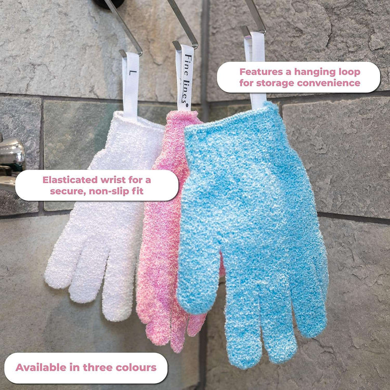 Fine Lines - Exfoliating Shower Gloves, Pack of 3 Pairs (6 pcs) - Exfoliating Glove for Bath scrub, Dead Skin Remover - Exfoliating mitt - Body Scrub Gloves with Hanging Hoops - Protected Design