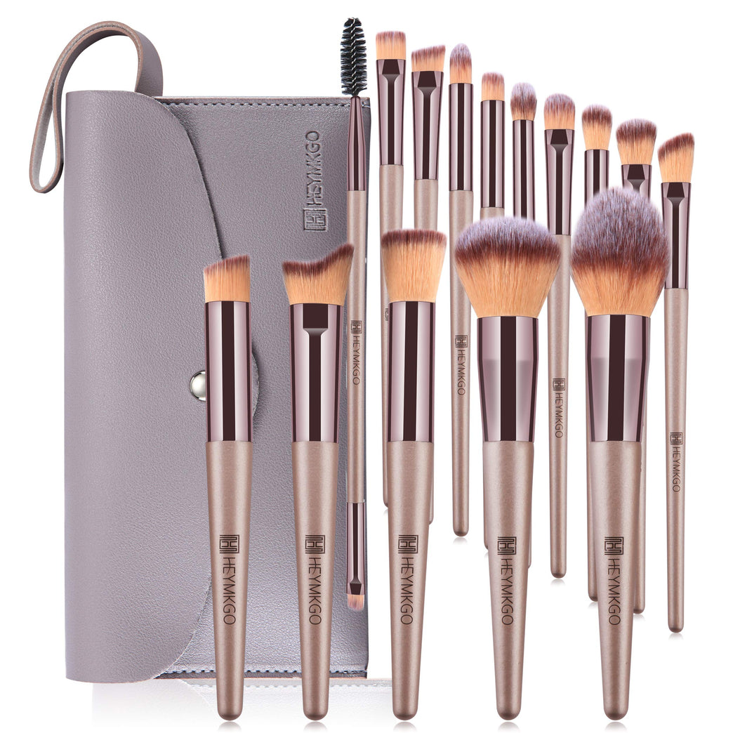 15-Piece Professional Champagne Gold Makeup Brush Set with Cosmetic Bag for Women