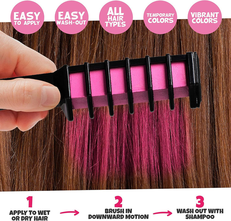 Pink Squid Hair Chalk Combs for Kids - Vibrant 4pcs Two-Tone Temporary Hair Dye Set