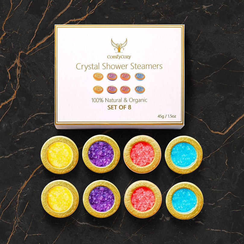 ComfyCozy Crystal Shower Steamers Luxury Gift Set | Bath Spa Relaxation Beauty Self Care Gifts For Women Mum Her Him | 8*45g Vegan Organic Shower Bombs | Pampering Birthday Relaxing Presents Hampers