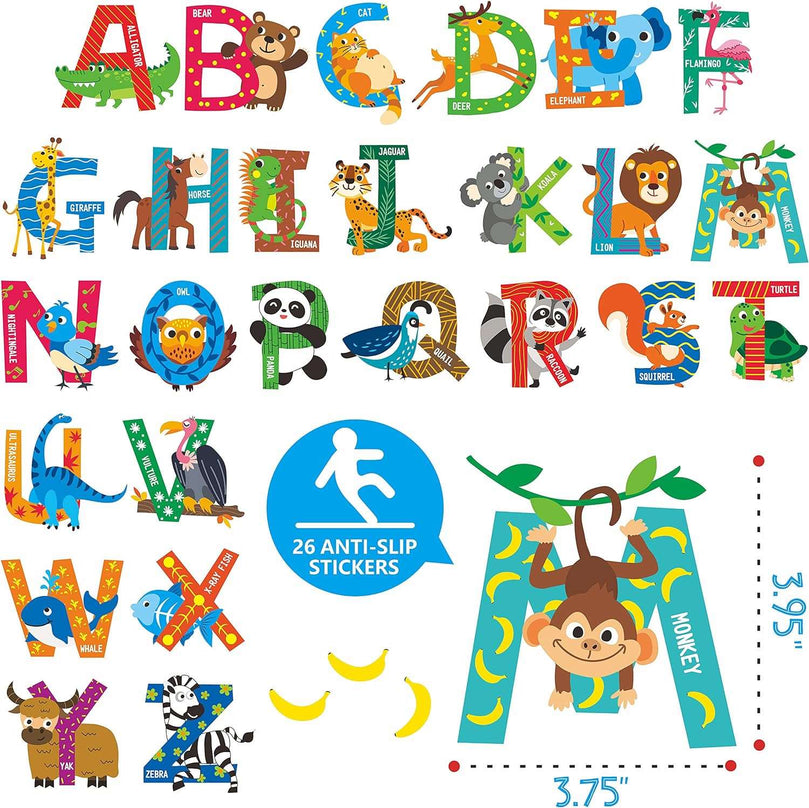26 Non-Slip Alphabet Animal Bathtub Stickers, Waterproof and Anti Skid for Shower and Bathtub with Premium Scraper