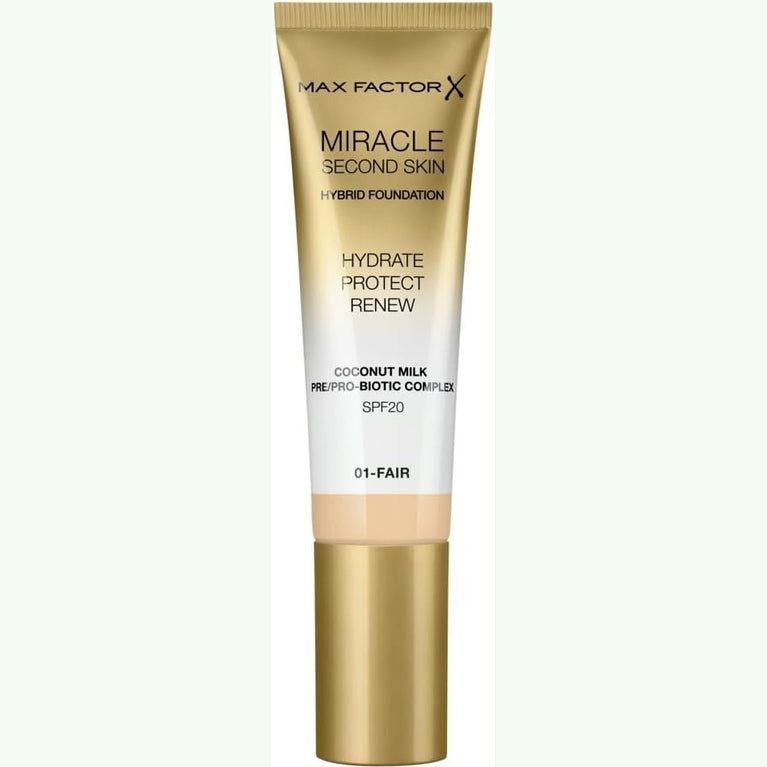 Max Factor Second Skin Miracle Touch Foundation, 01-Fair, 30 ml - Lightweight Hydrating Makeup with Skin Renewal Benefits