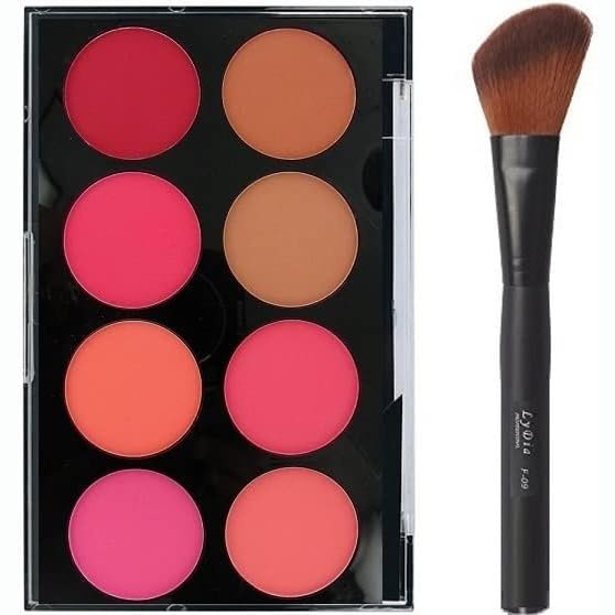 8-Shade Pressed Powder Blush and Contour Kit with LyDia® Angled Makeup Brush for Flawless Face Application