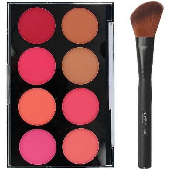 8-Shade Pressed Powder Blush and Contour Kit with LyDia® Angled Makeup Brush for Flawless Face Application