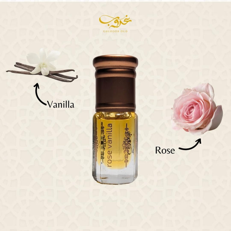 Rose Vanilla Perfume Oud Oil Fragrance Blend (روزفانيلا) by Ghuroob Oud | 3ml Bottle Velvet Pouch Included | Rose, Vanilla, Floral, Romantic Notes | Arabia Attar Perfect for Ramadan or Eid
- Aromatic Rose Vanilla Perfume Oud Oil Blend by Ghuroob Oud