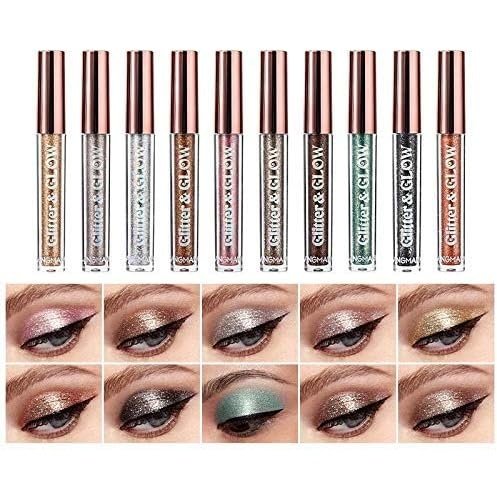 Highly Pigmented 10 Shades Liquid Glitter Eyeshadow Set - Matte & Metallic, Sweatproof, Long-Lasting for Daring & Bold Eye Looks (10pcs)