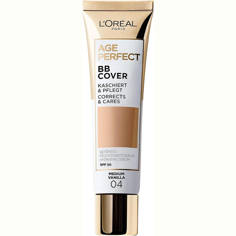 L'Oreal Paris Age Perfect SPF 50 BB Cream in Medium Vanilla - Lightweight Coverage with Hydrating Serum & Vitamin B3 Infused