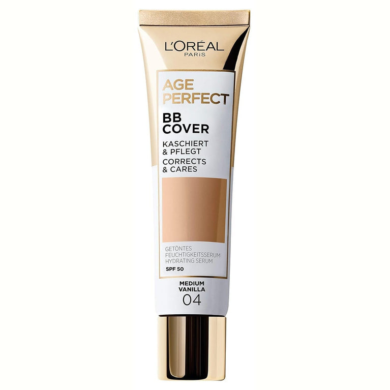L'Oreal Paris Age Perfect SPF 50 BB Cream in Medium Vanilla - Lightweight Coverage with Hydrating Serum & Vitamin B3 Infused