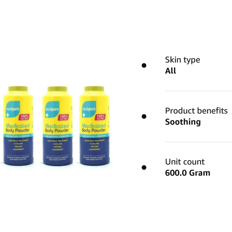 Medipure Medicated Body Powder Trio for Soothing Itchy, Irritated Skin - Talc-Free (200g)